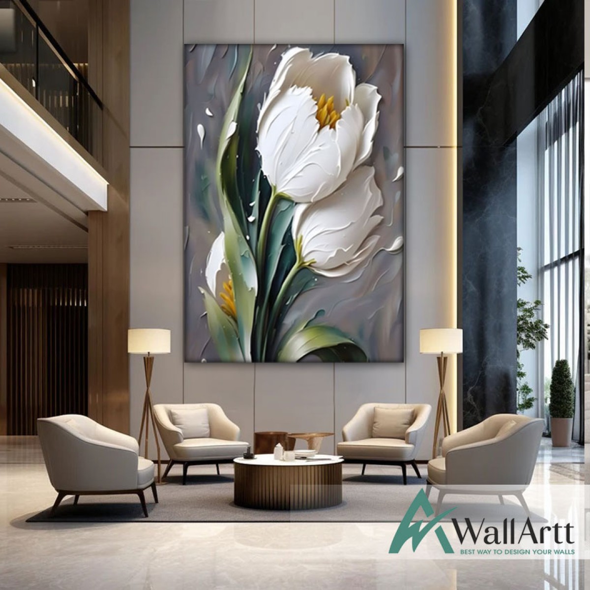 White Tulips 3d Heavy Textured Partial Oil Painting - Wall Art